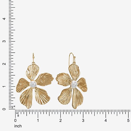 Bijoux Bar Gold Tone Womens White Simulated Pearl Flower Drop Earrings