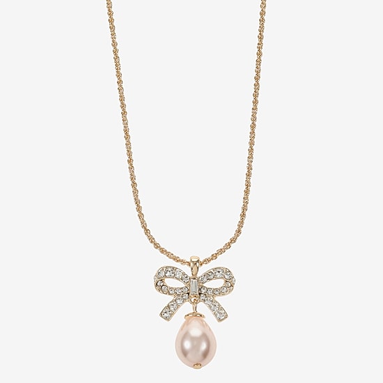 Monet Jewelry Gold Tone Womens Glass Simulated Pearl Bow 17 Inch Pendant Necklace