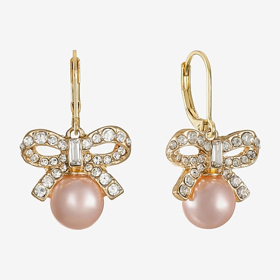 Monet Jewelry Gold Tone Womens Glass Simulated Pearl Bow Drop Earrings