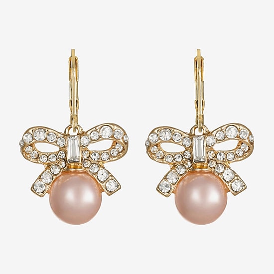 Monet Jewelry Gold Tone Womens Glass Simulated Pearl Bow Drop Earrings
