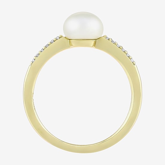Limited Quantities! Womens Diamond Accent 7MM White Cultured Freshwater Pearl 10K Gold Side Stone Cocktail Ring