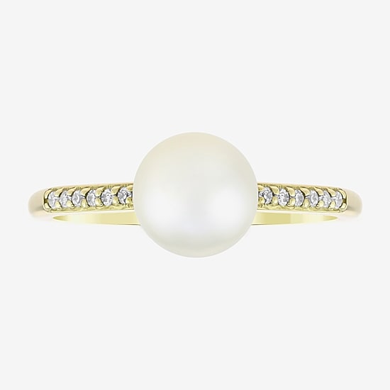 Limited Quantities! Womens Diamond Accent 7MM White Cultured Freshwater Pearl 10K Gold Side Stone Cocktail Ring