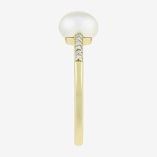 Limited Quantities! Womens Diamond Accent 7MM White Cultured Freshwater Pearl 10K Gold Side Stone Cocktail Ring