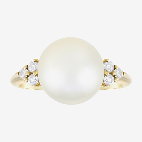Limited Quantities! Womens 10MM White Cultured Freshwater Pearl 10K Gold Side Stone Cocktail Ring