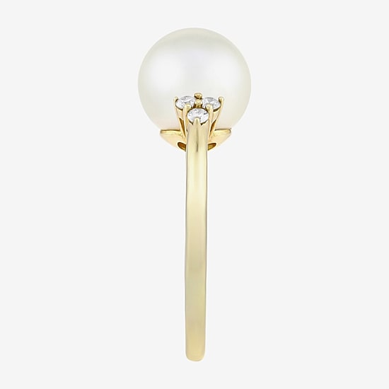 Limited Quantities! Womens 10MM White Cultured Freshwater Pearl 10K Gold Side Stone Cocktail Ring