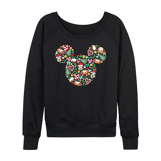 Disney Mickey Silhouette Christmas Womens Round Neck Long Sleeve Regular Fit Mickey and Friends Graphic T-Shirt
