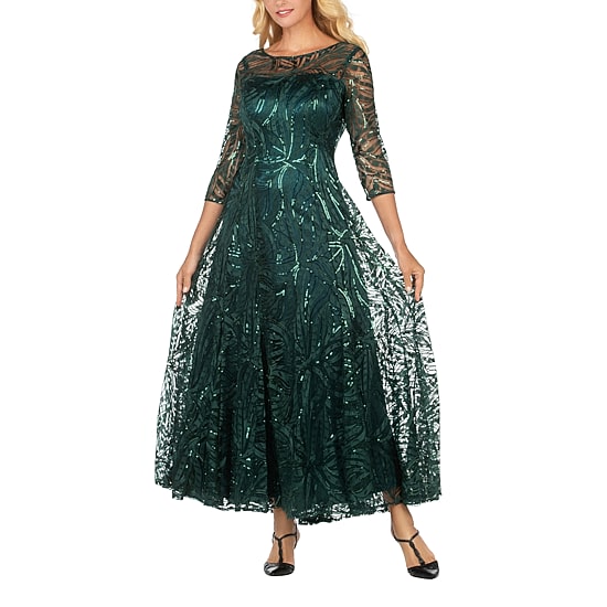 Giovanna Signature Womens Crew Neck 3/4 Sleeve Lace Embellished Sequin Evening Gown