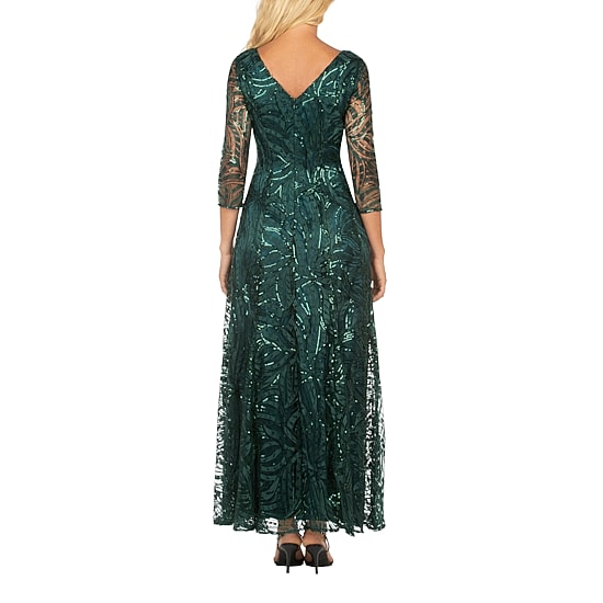 Giovanna Signature Womens Crew Neck 3/4 Sleeve Lace Embellished Sequin Evening Gown