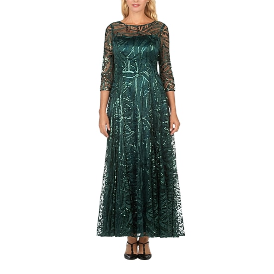 Giovanna Signature Womens Crew Neck 3/4 Sleeve Lace Embellished Sequin Evening Gown