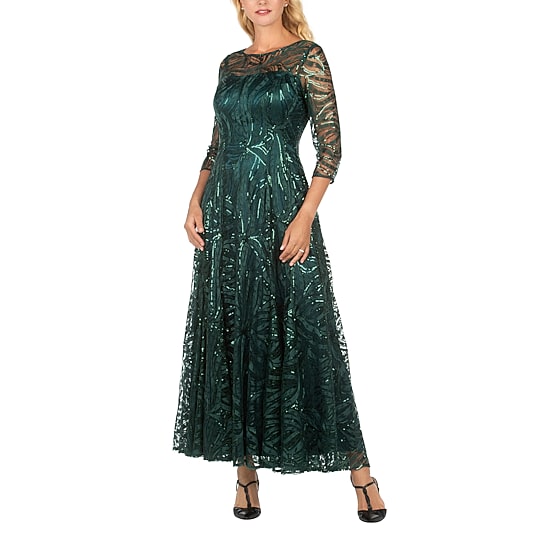 Giovanna Signature Womens Crew Neck 3/4 Sleeve Lace Embellished Sequin Evening Gown