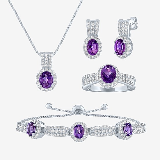 Womens Lab Created Purple Amethyst Pure Silver Over Brass Oval 4-pc. Jewelry Set