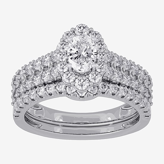 Signature By Modern Bride (H-I / Si1-Si2) Womens 1 1/2 CT. T.W. Lab Grown White Diamond 10K Gold Oval Side Stone Halo Bridal Set