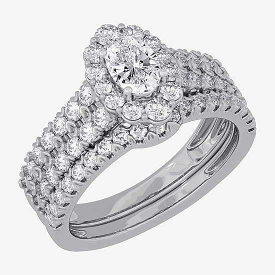 Signature By Modern Bride (H-I / Si1-Si2) Womens 1 1/2 CT. T.W. Lab Grown White Diamond 10K Gold Oval Side Stone Halo Bridal Set
