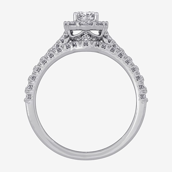 Signature By Modern Bride (H-I / Si1-Si2) Womens 1 1/2 CT. T.W. Lab Grown White Diamond 10K Gold Oval Side Stone Halo Bridal Set