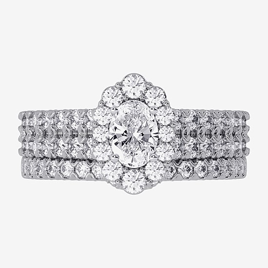 Signature By Modern Bride (H-I / Si1-Si2) Womens 1 1/2 CT. T.W. Lab Grown White Diamond 10K Gold Oval Side Stone Halo Bridal Set