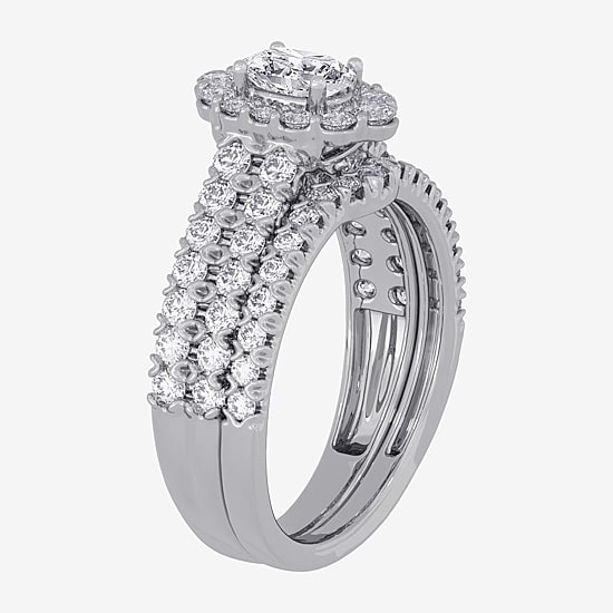 Signature By Modern Bride (H-I / Si1-Si2) Womens 1 1/2 CT. T.W. Lab Grown White Diamond 10K Gold Oval Side Stone Halo Bridal Set