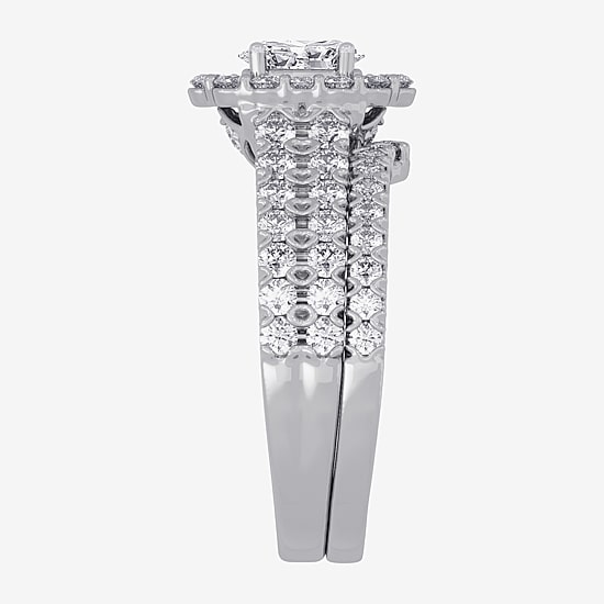 Signature By Modern Bride (H-I / Si1-Si2) Womens 1 1/2 CT. T.W. Lab Grown White Diamond 10K Gold Oval Side Stone Halo Bridal Set