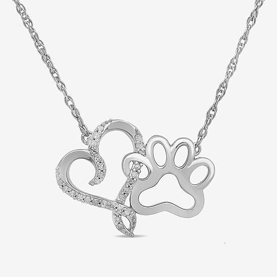 Paw Print Womens 1/10 CT. T.W. Natural White Diamond Sterling Silver Heart 18 Inch Pendant Necklace