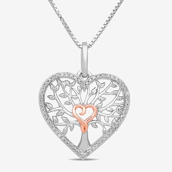 Tree Of Life Womens 1/10 CT. T.W. Natural White Diamond 14K Two Tone Gold Over Silver Sterling Silver Heart 18 Inch Pendant Necklace
