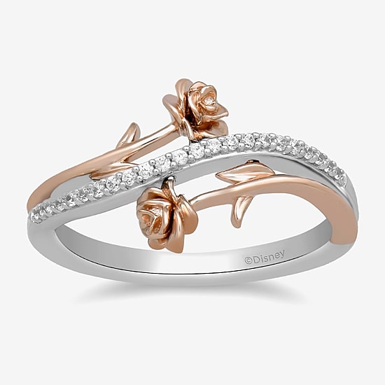 Enchanted Disney Fine Jewelry Womens 1/10 CT. T.W. Natural White Diamond 14K Rose Gold Over Silver Sterling Silver Flower Beauty and the Beast Belle Princess Bypass  Cocktail Ring