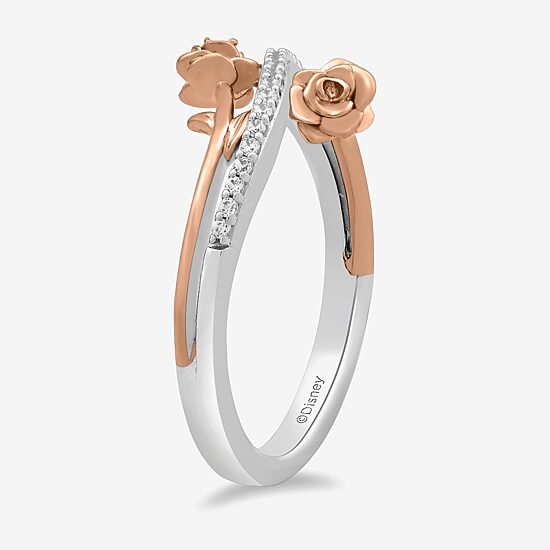 Enchanted Disney Fine Jewelry Womens 1/10 CT. T.W. Natural White Diamond 14K Rose Gold Over Silver Sterling Silver Flower Beauty and the Beast Belle Princess Bypass  Cocktail Ring