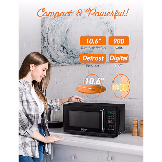 COMMERCIAL CHEF 0.9 Cu. Ft. Countertop Microwave with Touch Controls & Digital Display & 10 Power Levels