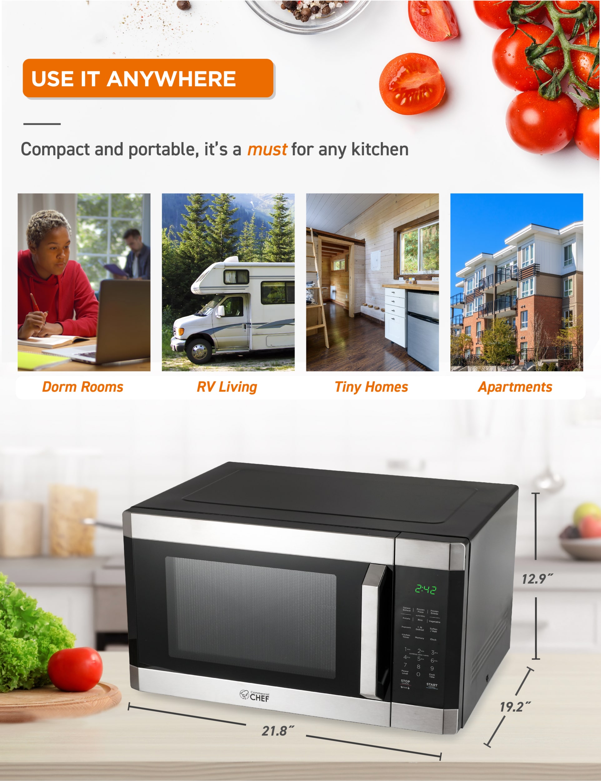 COMMERCIAL CHEF 1.6 Cu. Ft. Countertop Microwave with Touch Controls & 10 Power Levels