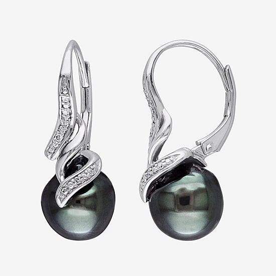 Genuine Black Tahitian Pearl & Diamond Accent Sterling Silver Earrings