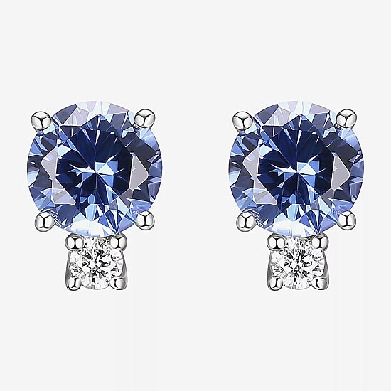 Lab Grown Blue Sapphire & 1/10 CT. T.W. Lab Grown White Diamond Sterling Silver 8.5mm Stud Earrings