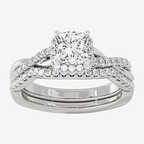 Signature By Modern Bride (H-I / Si1-Si2) Womens 1 1/5 CT. T.W. Lab Grown White Diamond 10K White Gold Side Stone Halo Bridal Set, 9, White