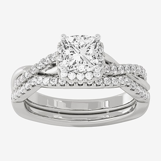 Signature By Modern Bride (H-I / Si1-Si2) Womens 1 1/5 CT. T.W. Lab Grown White Diamond 10K White Gold Side Stone Halo Bridal Set