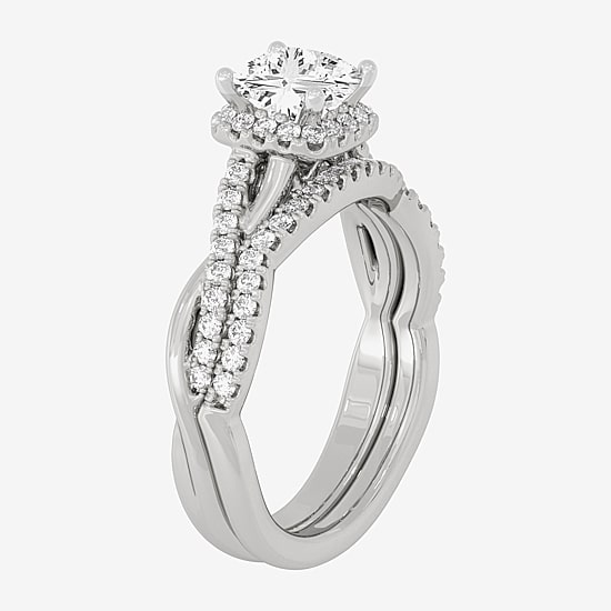 Signature By Modern Bride (H-I / Si1-Si2) Womens 1 1/5 CT. T.W. Lab Grown White Diamond 10K White Gold Side Stone Halo Bridal Set