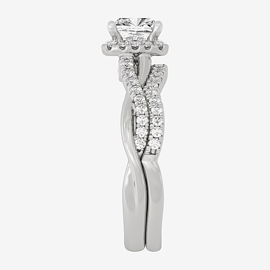 Signature By Modern Bride (H-I / Si1-Si2) Womens 1 1/5 CT. T.W. Lab Grown White Diamond 10K White Gold Side Stone Halo Bridal Set