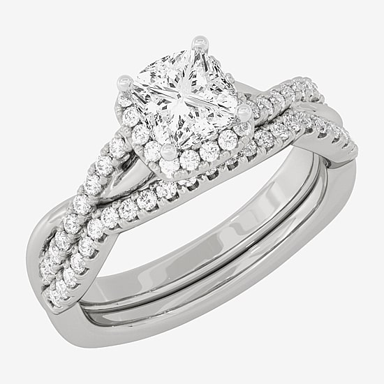 Signature By Modern Bride (H-I / Si1-Si2) Womens 1 1/5 CT. T.W. Lab Grown White Diamond 10K White Gold Side Stone Halo Bridal Set