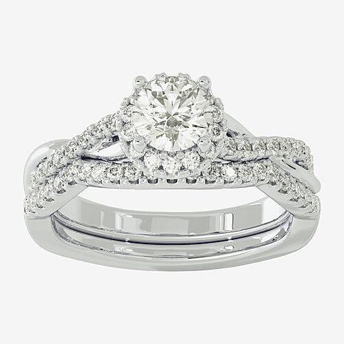 Signature By Modern Bride (H-I / Si1-Si2) Womens 1 1/5 CT. T.W. Lab Grown White Diamond 10K White Gold Round Side Stone Halo Bridal Set, 9, White