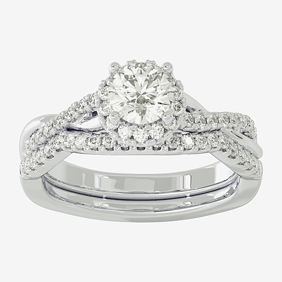 Signature By Modern Bride (H-I / Si1-Si2) Womens 1 1/5 CT. T.W. Lab Grown White Diamond 10K White Gold Round Side Stone Halo Bridal Set