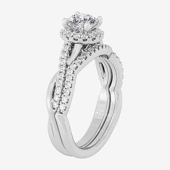 Signature By Modern Bride (H-I / Si1-Si2) Womens 1 1/5 CT. T.W. Lab Grown White Diamond 10K White Gold Round Side Stone Halo Bridal Set