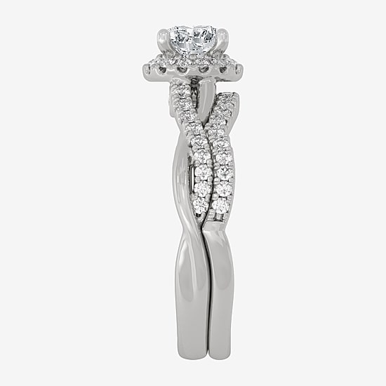Signature By Modern Bride (H-I / Si1-Si2) Womens 1 1/5 CT. T.W. Lab Grown White Diamond 10K White Gold Round Side Stone Halo Bridal Set