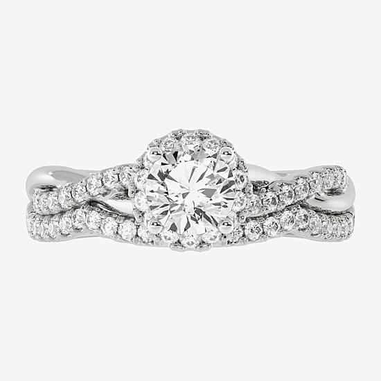 Signature By Modern Bride (H-I / Si1-Si2) Womens 1 1/5 CT. T.W. Lab Grown White Diamond 10K White Gold Round Side Stone Halo Bridal Set