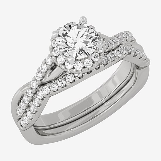 Signature By Modern Bride (H-I / Si1-Si2) Womens 1 1/5 CT. T.W. Lab Grown White Diamond 10K White Gold Round Side Stone Halo Bridal Set