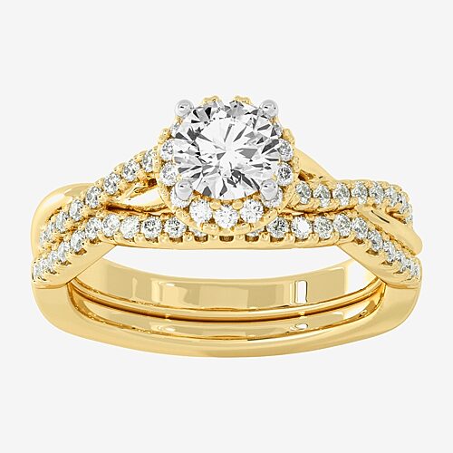 Signature By Modern Bride (H-I / Si1-Si2) Womens 1 1/5 CT. T.W. Lab Grown White Diamond 10K White Gold Round Side Stone Halo Bridal Set, 9, Yellow