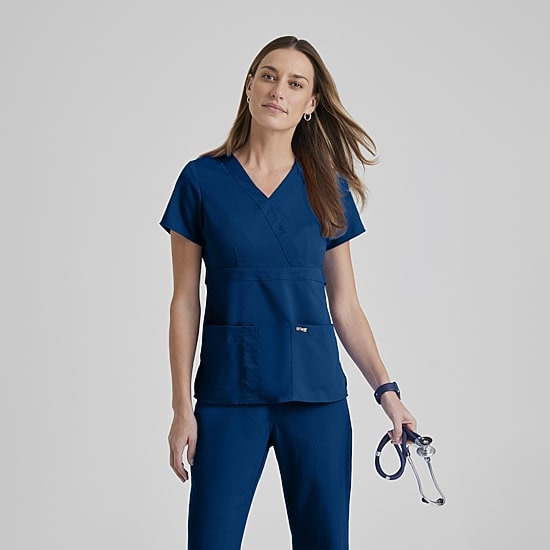 Grey's Anatomy™ by Barco Classic 4153 Riley 3-Pocket Mock Wrap Womens V Neck Short Sleeve Scrub Top