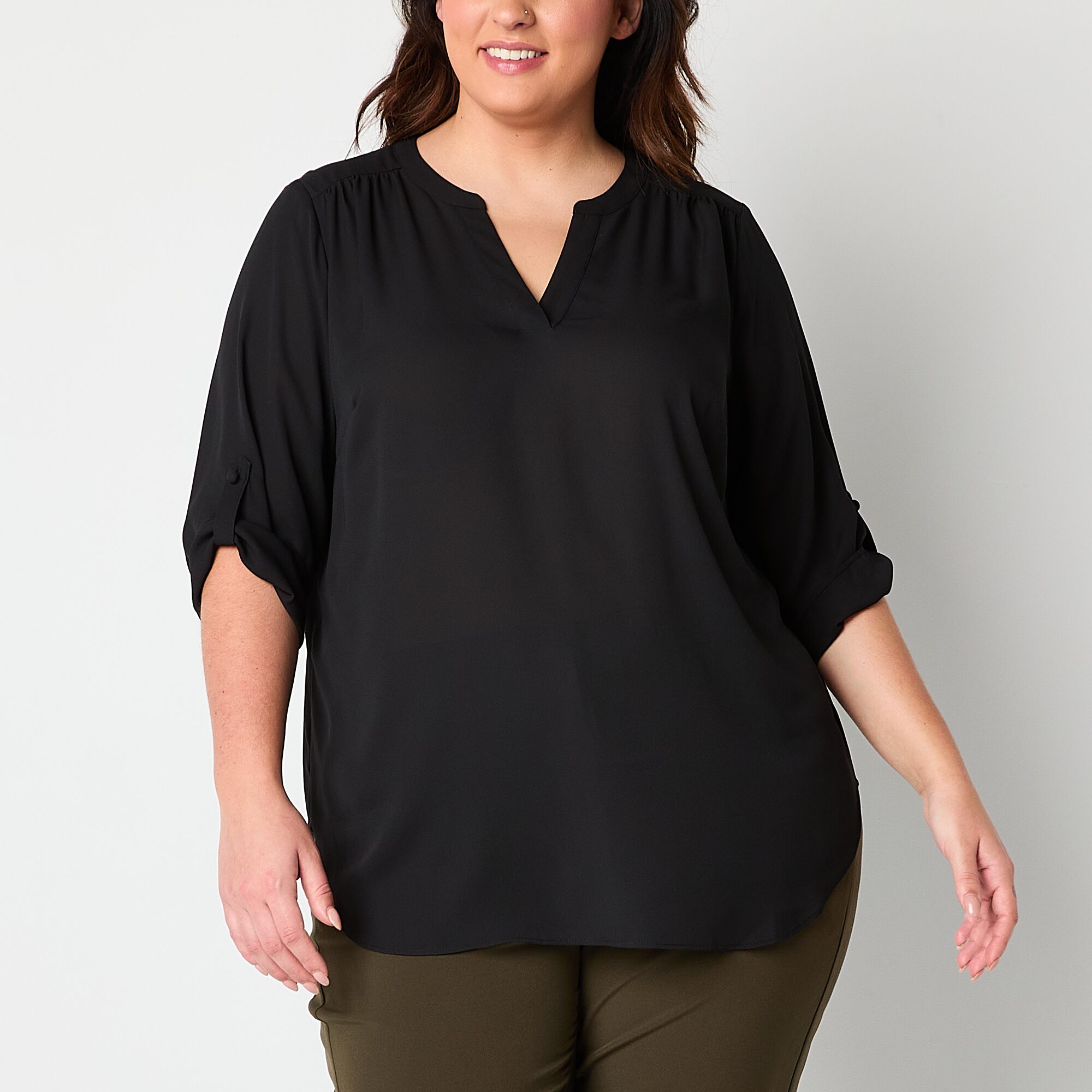 Worthington Womens Plus Split Crew Neck 3/4 Sleeve Blouse