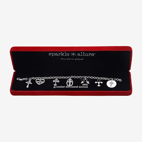 Sparkle Allure Womens Natural White Diamond Accent Pure Silver Over Bronze Angel Cross Heart Charm Bracelet