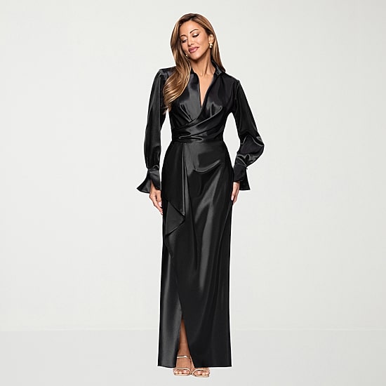 DJ Jaz Womens Long Sleeve Satin Evening Gown