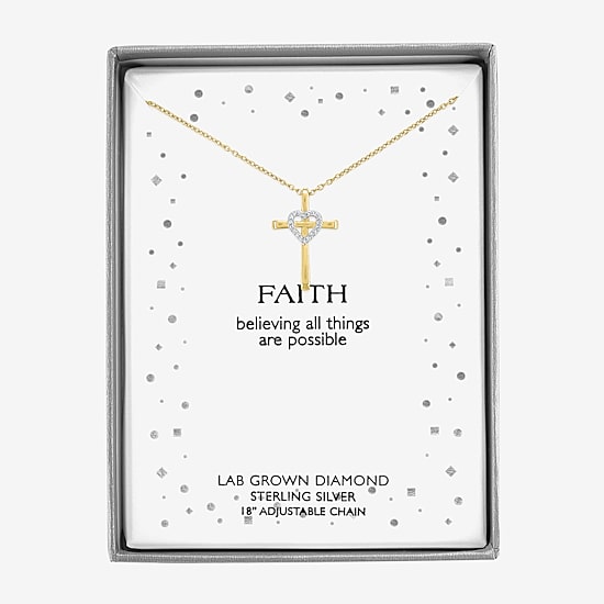 (G-H / Si2-I1) Womens Lab Grown White Diamond Accent Sterling Silver Cross Heart 16 Inch Pendant Necklace