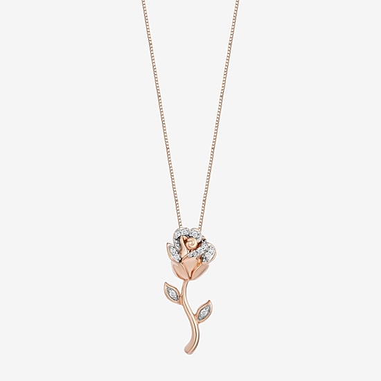 Enchanted Disney Fine Jewelry Belle (I, I2) Womens 1/10 CT. T.W. Lab Grown White Diamond 14K Rose Gold Over Silver Flower 18 Inch Pendant Necklace