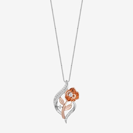 Enchanted Disney Fine Jewelry Belle (I, I2) Womens 1/8 CT. T.W. Lab Grown White Diamond 14K Gold Over Silver Sterling Silver Flower 18 Inch Pendant Necklace
