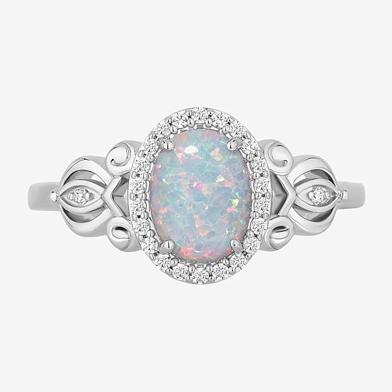 Enchanted Disney Fine Jewelry Cinderella (I, I2) Womens 1/8 CT. T.W. Lab Created White Opal Sterling Silver Oval Cinderella Princess Cocktail Ring