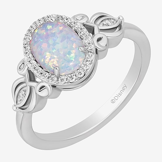 Enchanted Disney Fine Jewelry Cinderella (I, I2) Womens 1/8 CT. T.W. Lab Created White Opal Sterling Silver Oval Cinderella Princess Cocktail Ring